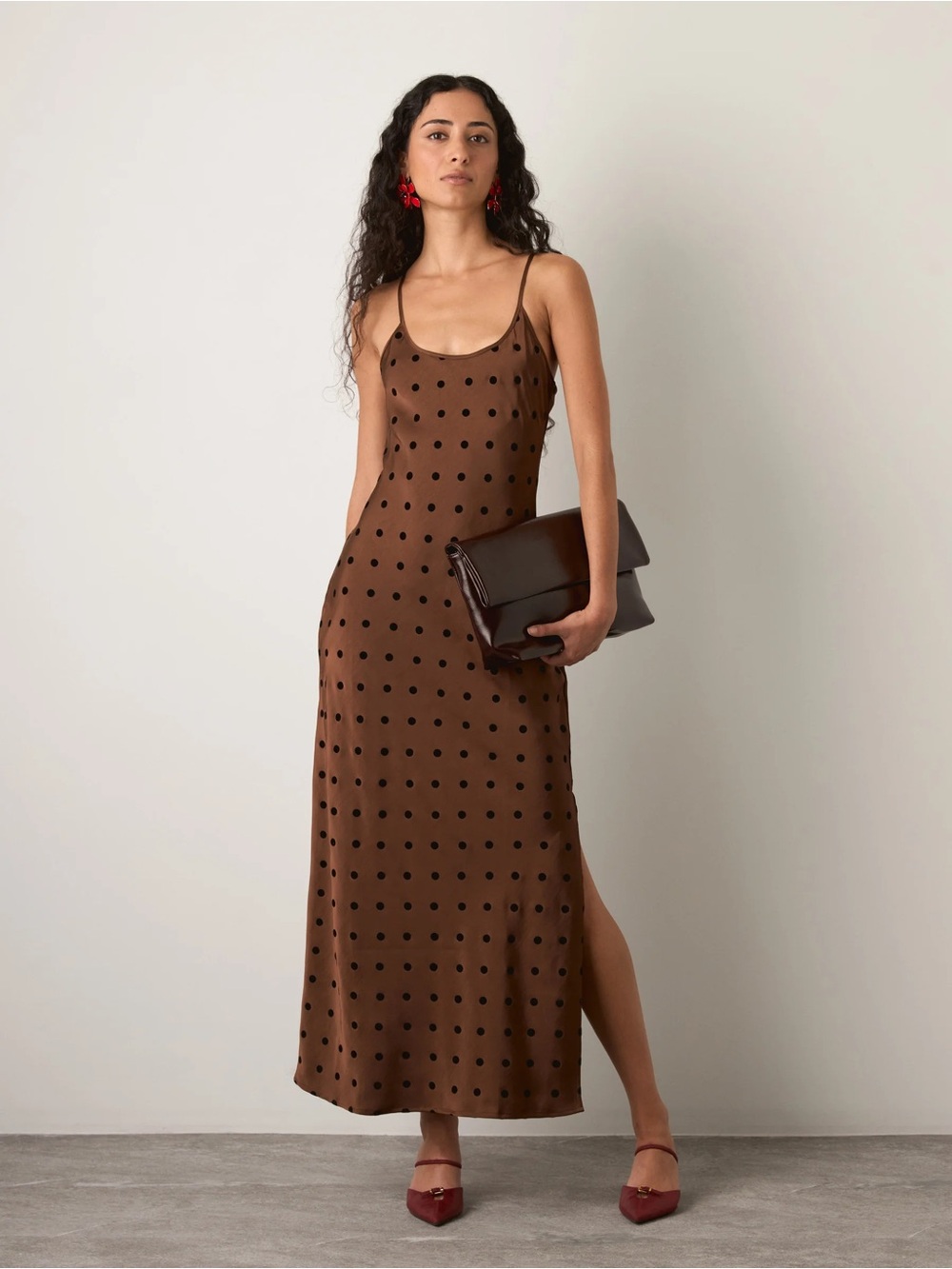 Brown Polka Dot Slip Dress - Elegant Women's Maxi